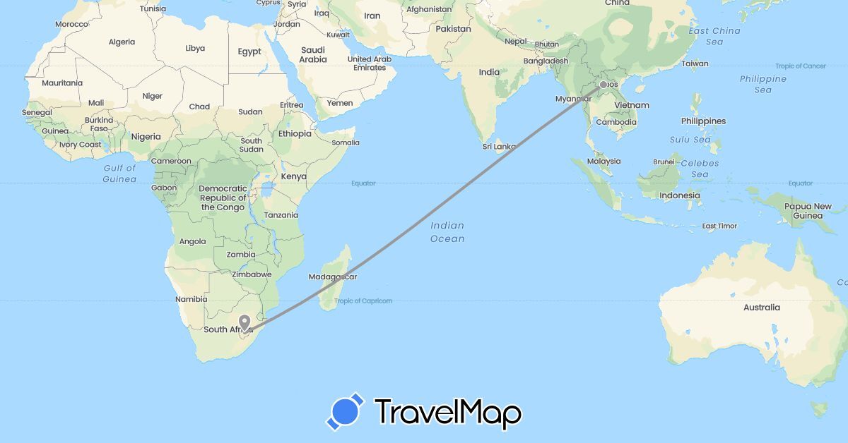 TravelMap itinerary: driving, plane in Laos, Lesotho (Africa, Asia)
